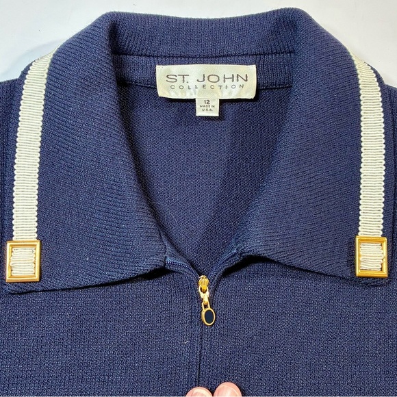 St John Collection Navy Blue Zip Jacket Knit Sz 12 White Ribbon Trim Gold Buckle - Picture 3 of 9
